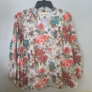 Fox & Hen Tropical Birds Floral Top Pleated Lined Oversize Print Size Small